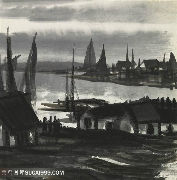 林风眠手绘水墨湖畔房子装饰画