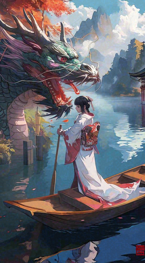 古风仙侠暗黑人物在河流上，龙中国风插画(816x1472)