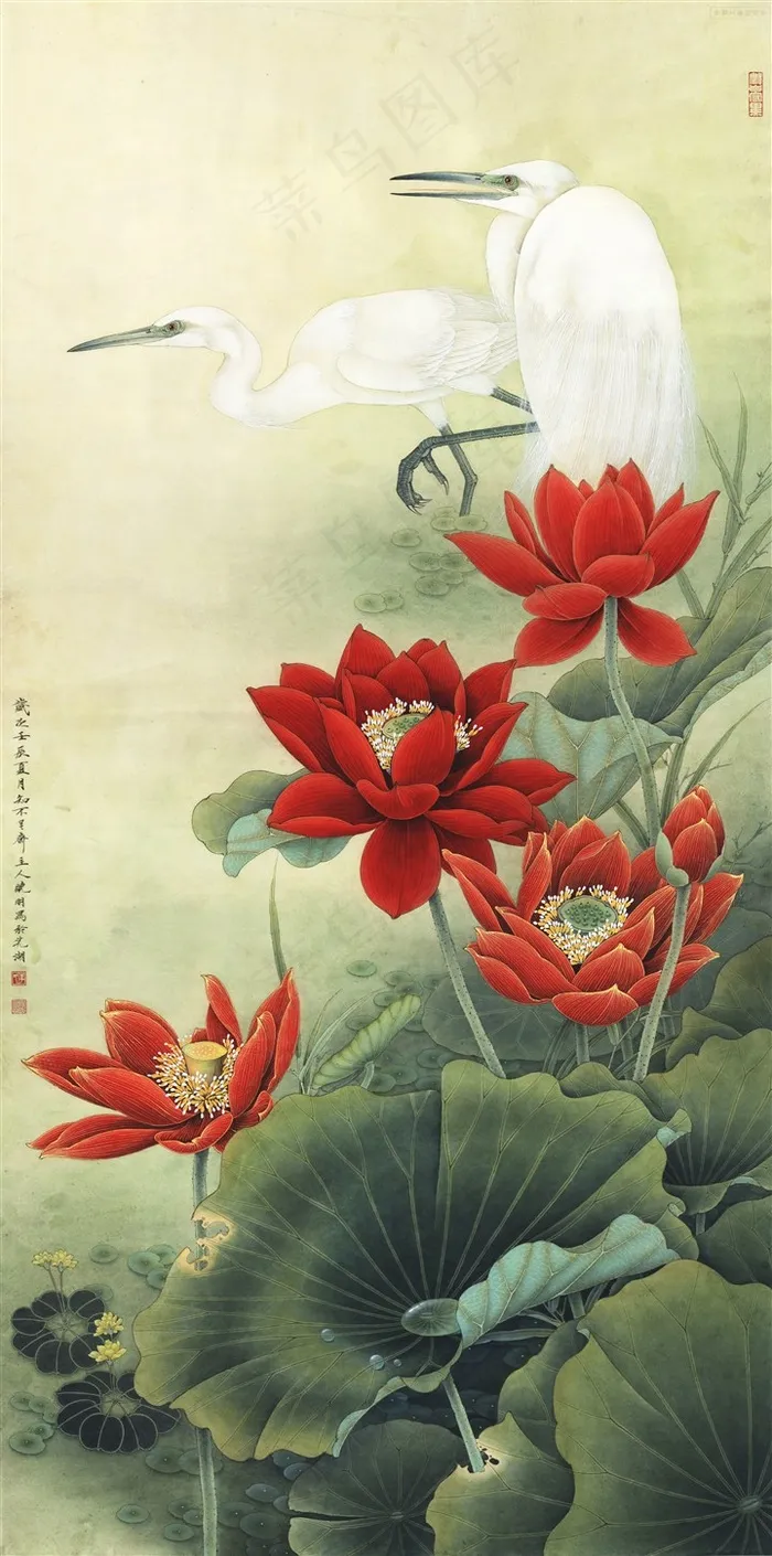 工笔花鸟荷花仙鹤高清图片素材
