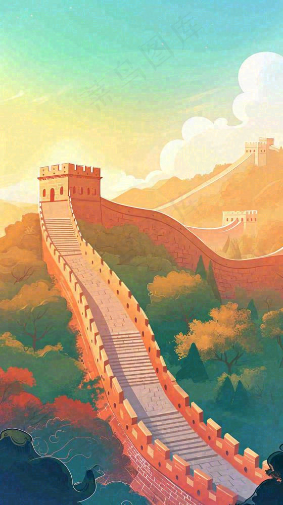 万里长城中国历史建筑扁平插画手绘，简约大气中国风(816x1456)