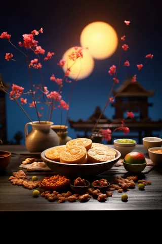 中秋月圆夜晚下餐桌上的美食月饼摄影图