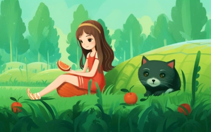 坐着草地上的女孩和猫插画背景