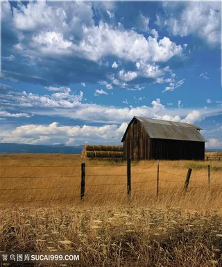 蓝天白云草地木屋风景画高清背景图片