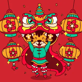 新年虎年舞狮插画 