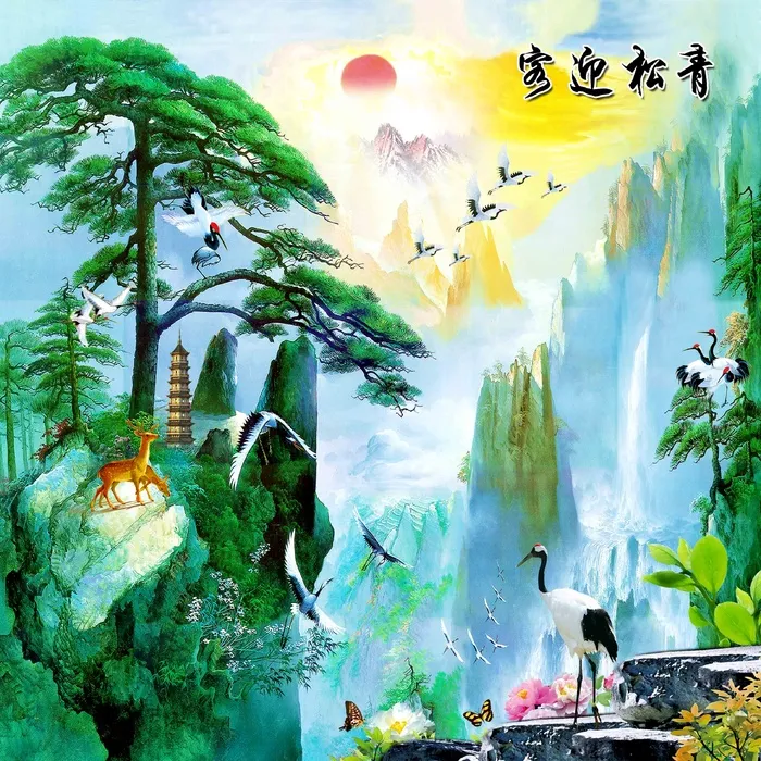 绿色迎客松影壁psd模版下载