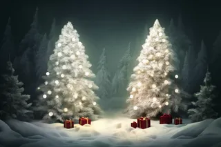 雪地里圣诞树礼盒礼物摄影图 