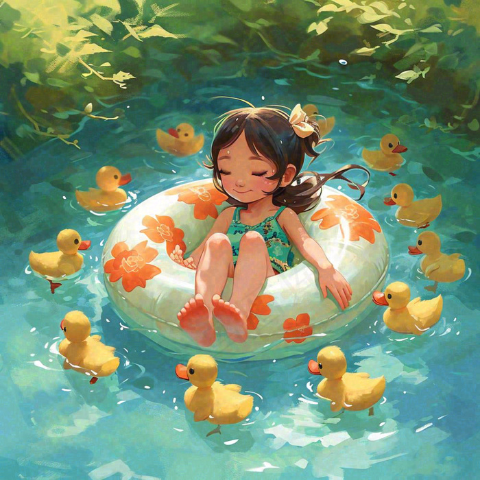 泳池游泳戏水池塘鸭子动物玩乐，阳光夏天暑期(1024x1024)