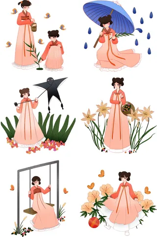 清明节青团卡通踏青人物男女孩放牛娃元素春季春游PSD设计PNG素材