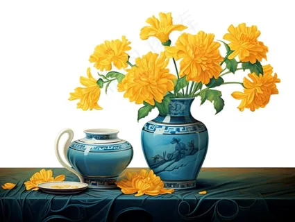 重阳黄色菊花花瓶饮茶插画免抠