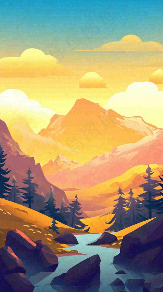 落日山脉河流小溪扁平手绘插画，旅行游玩登山郊游(816x1456)