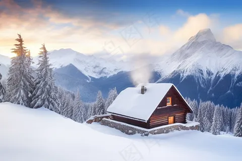 雪山上小木屋风景摄影图 