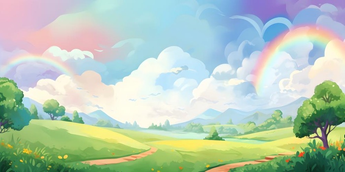 春天蓝天白云彩虹树林草坪手绘插画风景海报素材背景(6144x3072)
