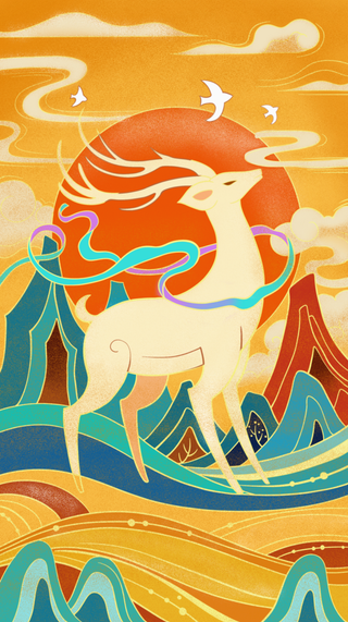 国潮七彩神鹿插画