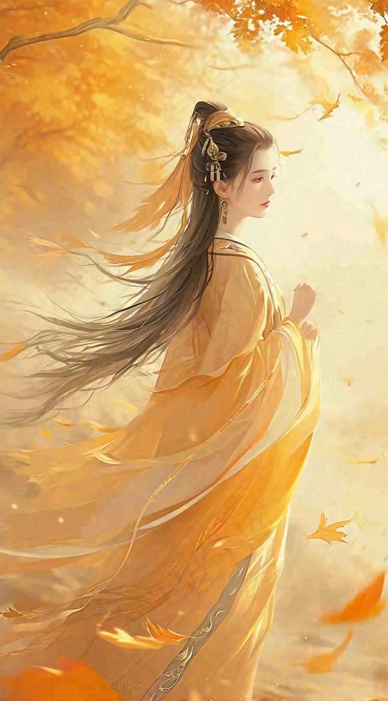 中国风秋天秋叶橙色古风美人手绘插画(816x1472)