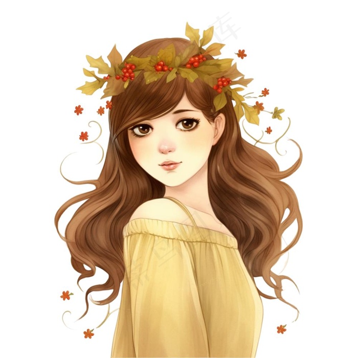 长头发少女头戴花环穿黄裙子插画 免抠