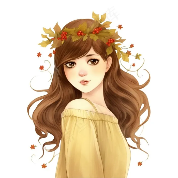 长头发少女头戴花环穿黄裙子插画 免抠(1024x1024)