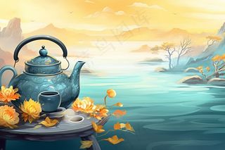 秋季山水赏菊泡茶重阳节插画素材