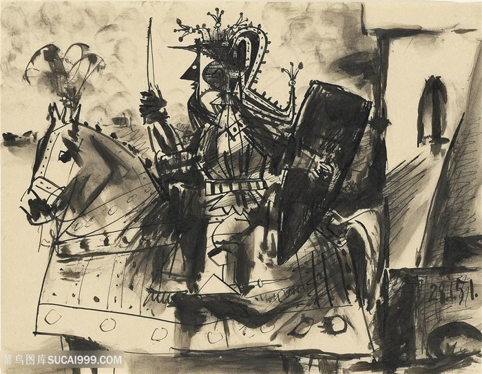 毕加索水墨水彩骑士装饰画