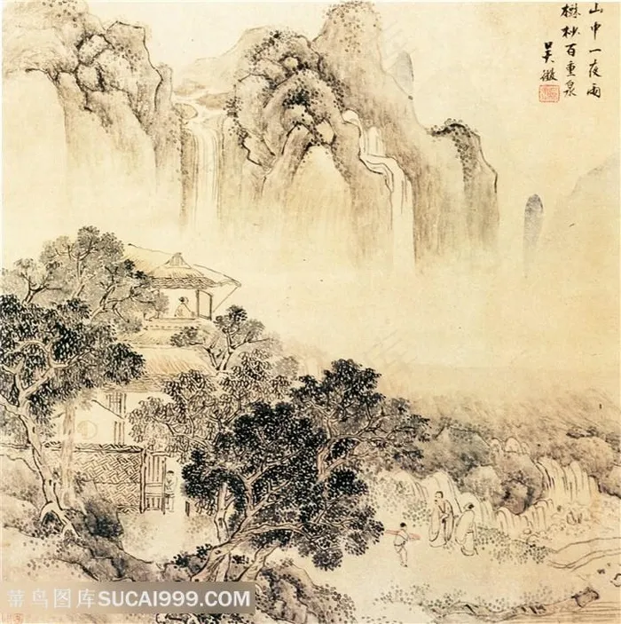 中国风界画水墨建筑山水图