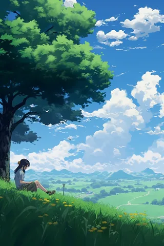 夏日少女坐着草坪大树下宫崎骏风格插画素材