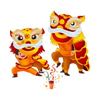 新年春节虎年元宵手绘人物舞狮卡通狮子头插画元素PSD设计素材