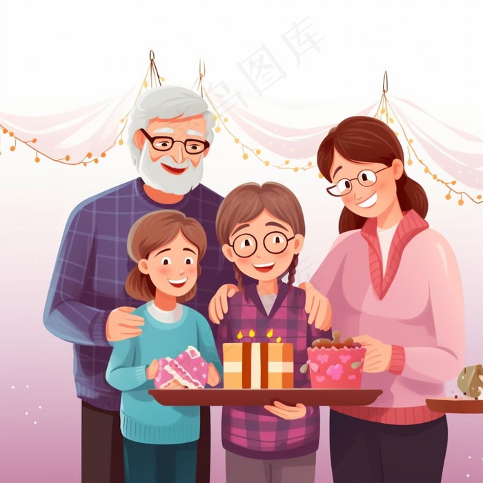 一家人家庭照礼物开心欢乐天伦之乐卡通插画素材背景