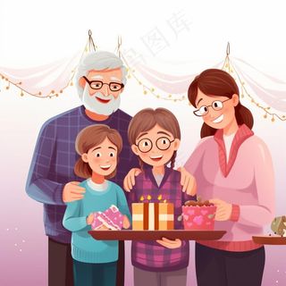 一家人家庭照礼物开心欢乐天伦之乐卡通插画素材背景