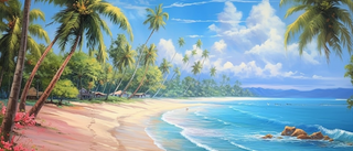 沙滩碧蓝的海水和棕榈树天蓝色和白色的风格色彩丰富迷人的境界晒太阳大师