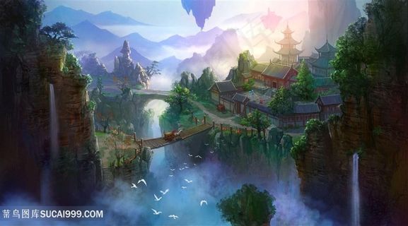 中国风CG鸽子飞鸟吊桥飞行岛屿古代道观原画图片