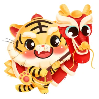 手绘2022虎年新年春节卡通老虎形象IP插画元素PSD设计素材图案