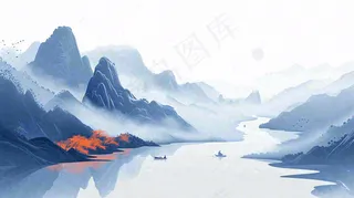 山水画简约白色河面插画手绘，中国风古风