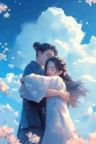 爱情情侣拥抱情人节浪漫粉色花朵，蓝天白云