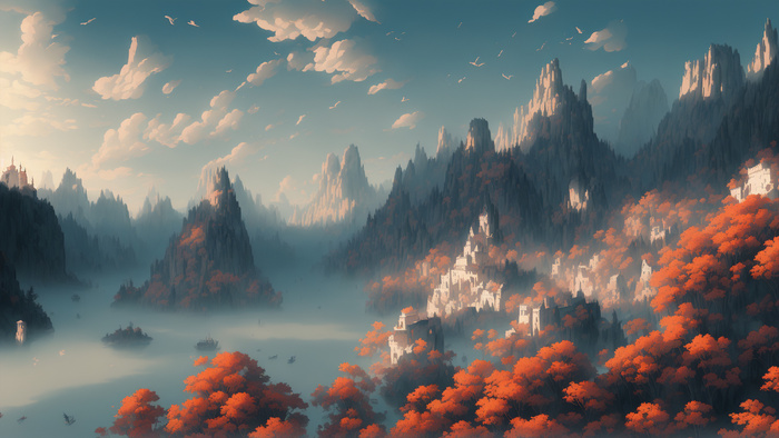 美丽大气写意风景背景壁纸插画-千崖海峡