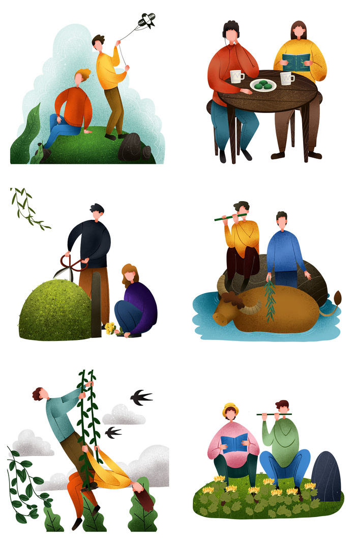 清明节青团卡通踏青人物男女孩放牛娃元素春季春游PSD设计PNG素材