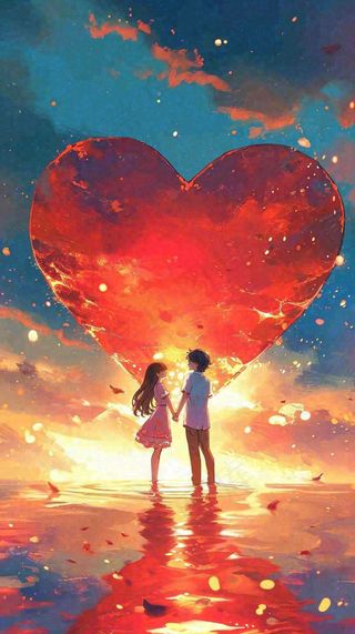 情人节浪漫情人爱心落日蓝天唯美，情侣亲吻爱情，卡通手绘插画