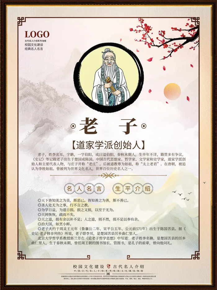 中华传统文化校园文化墙中国古代名人老子挂画名人介绍简介系列海报psd模版下载