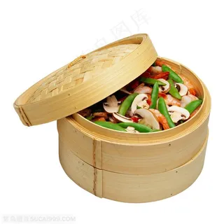 菜-竹编蒸笼里装着蘑菇、豌豆、基围虾等