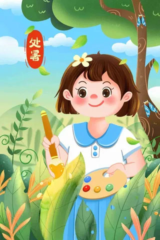 唯美清新处暑女孩给绿叶染黄色插画