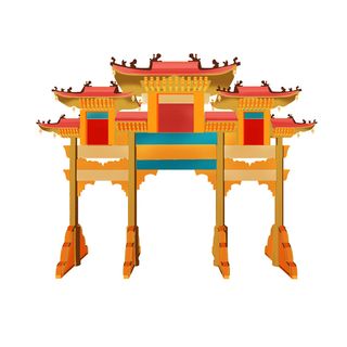 中国风复古式国潮门楼手绘城门插画牌楼建筑PSD素材png免扣图