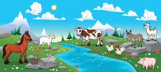 卡通动物蓝天小河