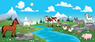 卡通动物蓝天小河