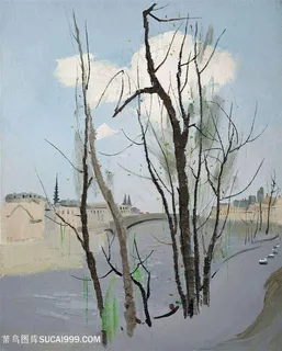 吴冠中手绘水彩树木房子装饰画 吴冠中手绘水彩树木房子装饰画