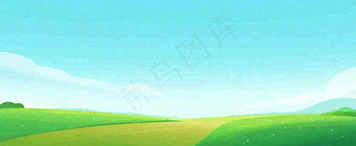 卡通手绘绿色草坡蓝天白云，春天，儿童节，春游，春分(1712x704)