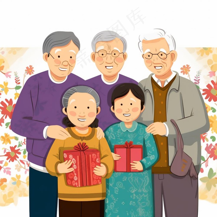 一家人家庭照礼物开心欢乐天伦之乐卡通插画素材背景
