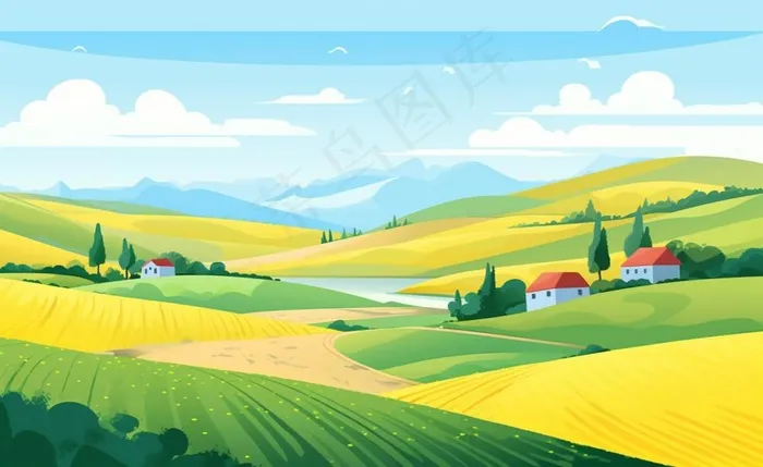 乡村村庄美丽风景河流插画农田插画背景(1408x864)