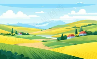 乡村村庄美丽风景河流插画农田插画背景