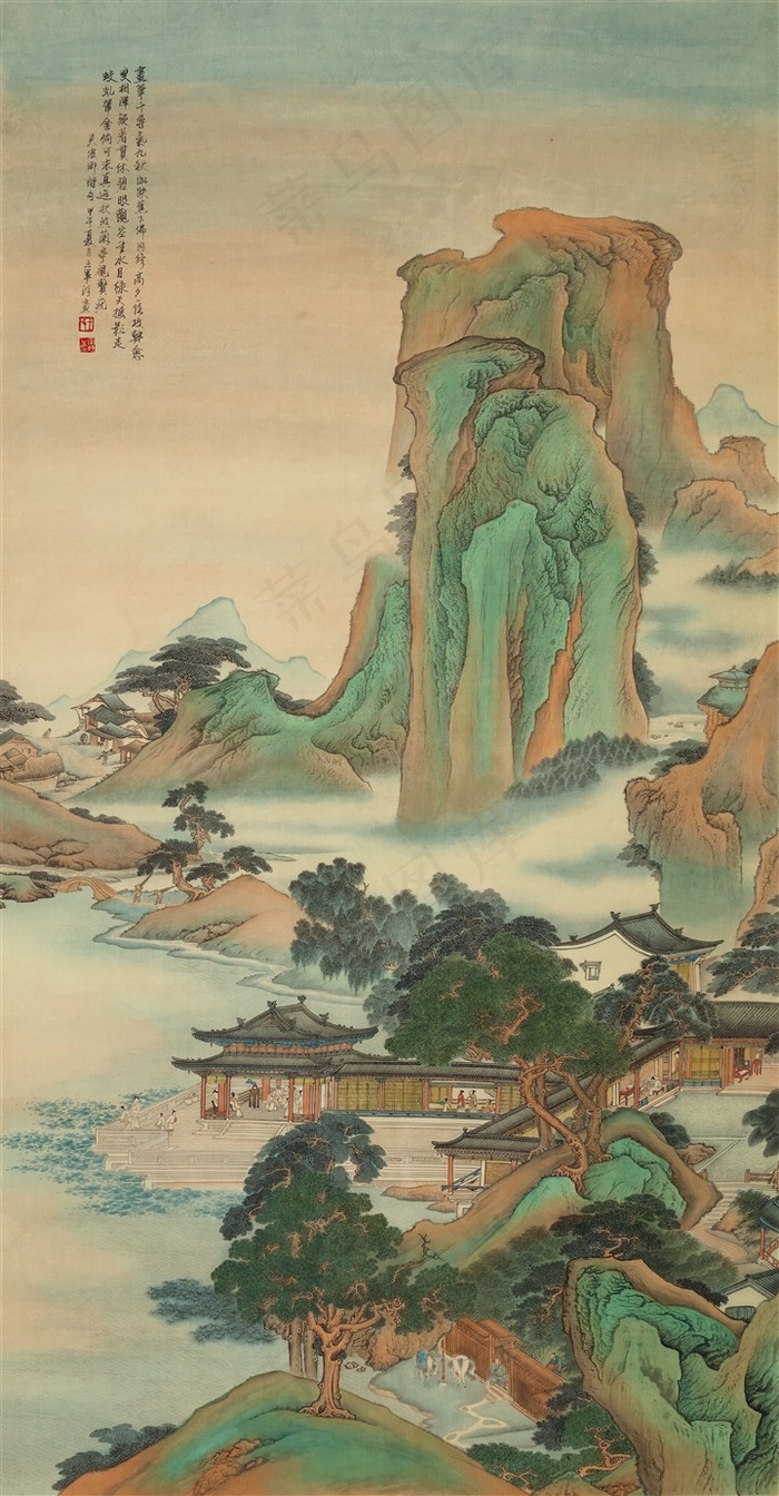 高清界画当代画家王军河绘制鬼脸皴仙山亭台楼阁古松树仿古