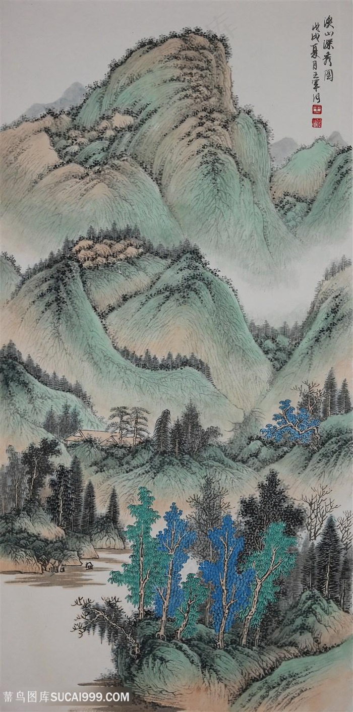 王军河工笔山水传统山水皴法国画界画《溪山深秀图》