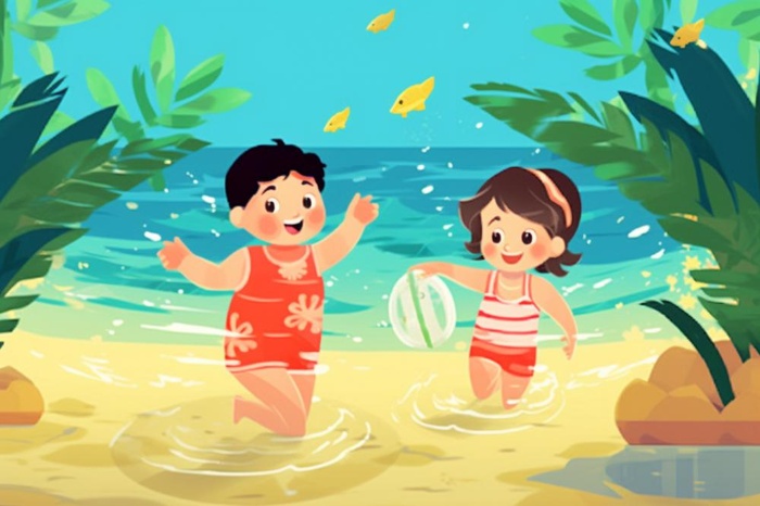 夏日沙滩儿童游玩插画背景(1344x896)
