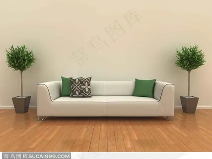 3D效果图-白色布艺沙发抱枕和两盆绿色植物 3D效果图-白色布艺沙发抱枕和两盆绿色植物